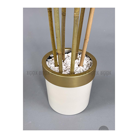 Biçiçek Yapay Bambu Ağacı 170cm Krem Metal Saksıda Gold