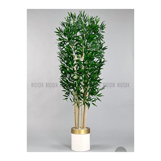 Biçiçek Yapay Bambu Ağacı 170cm Krem Metal Saksıda Gold