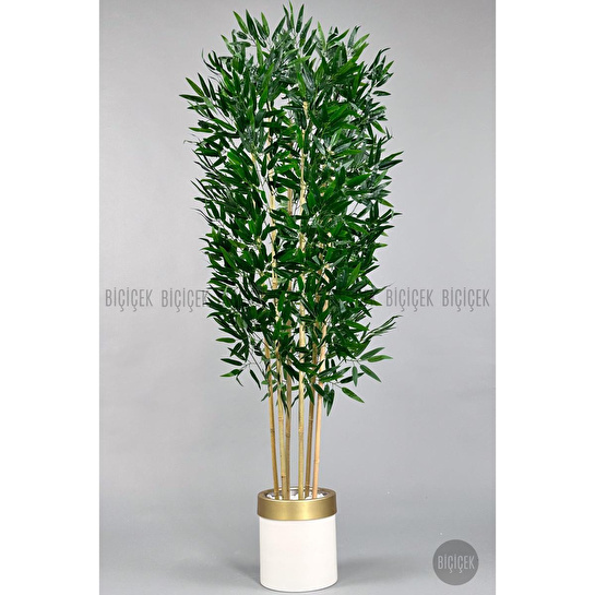 Biçiçek Yapay Bambu Ağacı 170cm Krem Metal Saksıda Gold