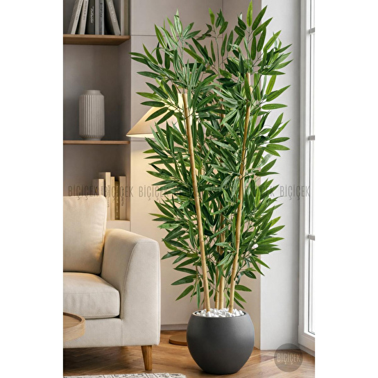 Biçiçek 125cm Yapay Bambu Ağaci Küre Saksida Gri