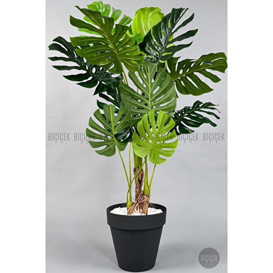 Biçiçek Yapay Ağaç Monstera Bambu Gövdeli 150cm Devetabanı Ağacı Büyük Boy Antrasit Renk Yalı Saksıda