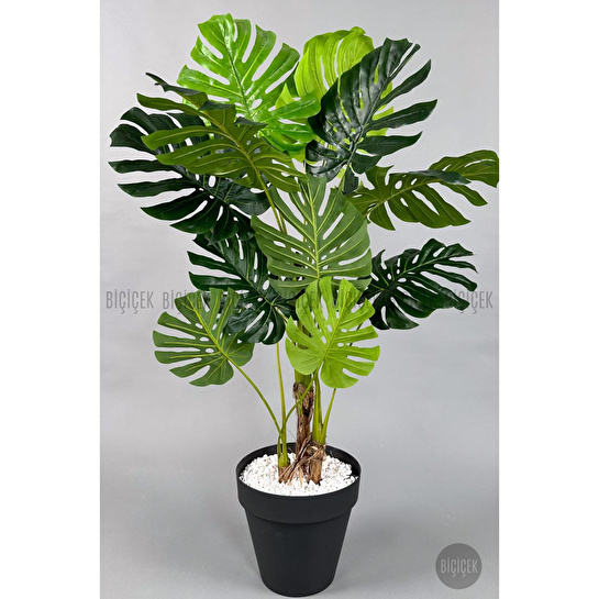 Biçiçek Yapay Ağaç Monstera Bambu Gövdeli 150cm Devetabanı Ağacı Büyük Boy Antrasit Renk Yalı Saksıda