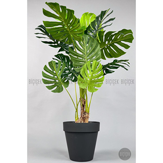 Biçiçek Yapay Ağaç Monstera Bambu Gövdeli 150cm Devetabanı Ağacı Büyük Boy Antrasit Renk Yalı Saksıda
