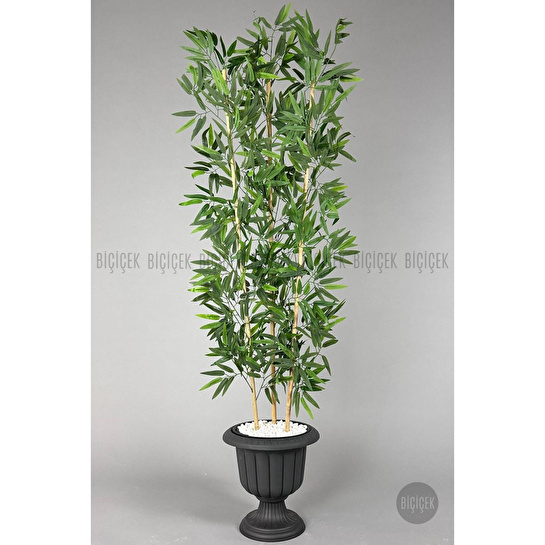 Biçiçek Yapay Bambu Ağacı 170cm Yoğun Yapraklı Antrasit Renk Nergis Saksıda