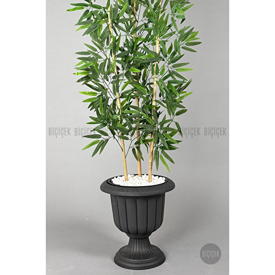 Biçiçek Yapay Bambu Ağacı 170cm Yoğun Yapraklı Antrasit Renk Nergis Saksıda