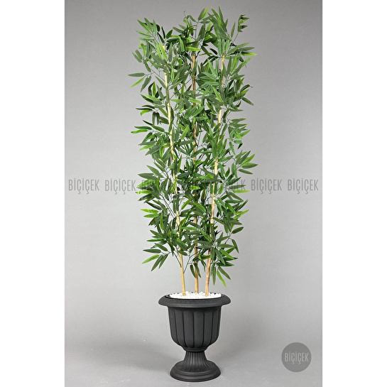 Biçiçek Yapay Bambu Ağacı 170cm Yoğun Yapraklı Antrasit Renk Nergis Saksıda