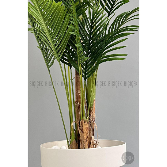 Biçiçek Yapay Areka Ağacı Büyük Boy Palmiye Ağacı 4 Bambu Gövdeli 220cm Kırıkbeyaz Renk Yalı Saksıda