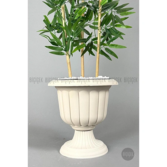 Biçiçek Yapay Bambu Ağacı 140cm Yoğun Yapraklı Kırık Beyaz Renk Nergis Saksıda