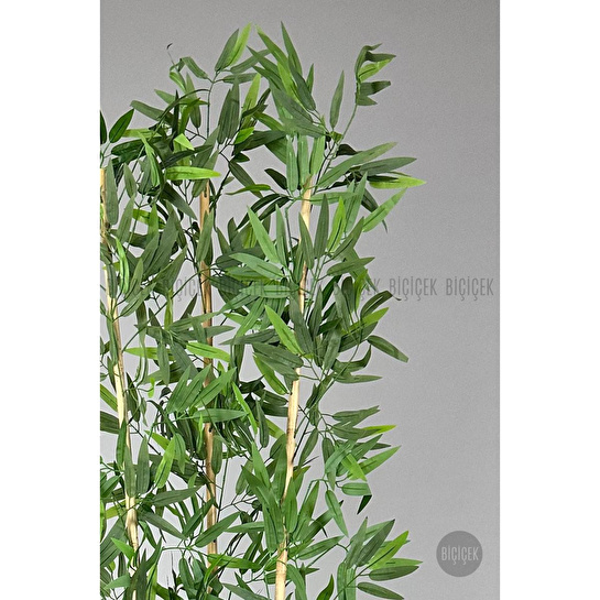 Biçiçek Yapay Bambu Ağacı 140cm Yoğun Yapraklı Kırık Beyaz Renk Nergis Saksıda