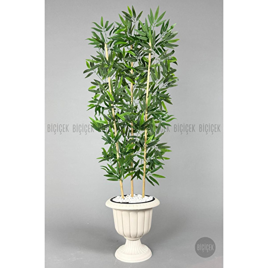 Biçiçek Yapay Bambu Ağacı 140cm Yoğun Yapraklı Kırık Beyaz Renk Nergis Saksıda