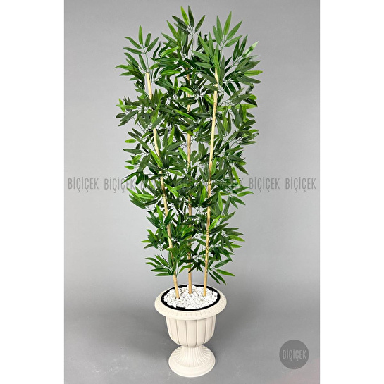 Biçiçek Yapay Bambu Ağacı 140cm Yoğun Yapraklı Kırık Beyaz Renk Nergis Saksıda