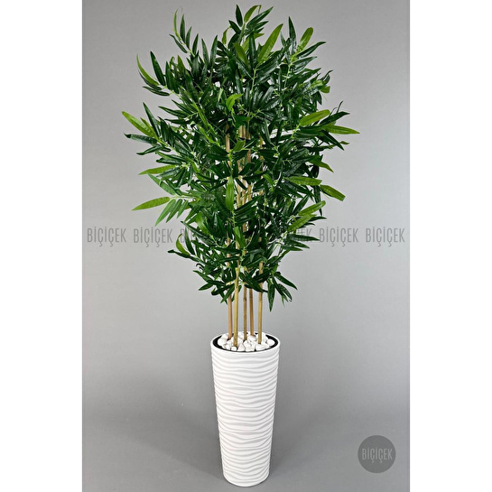 Biçiçek Yapay Bambu Ağacı 185cm Büyük Yapraklı 5 Bambulu Beyaz Renk Kumsal Saksıda Yapay Ağaç