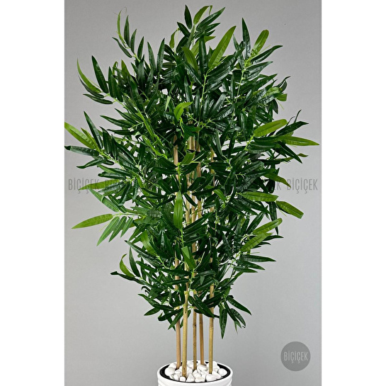 Biçiçek Yapay Bambu Ağacı 185cm Büyük Yapraklı 5 Bambulu Beyaz Renk Kumsal Saksıda Yapay Ağaç