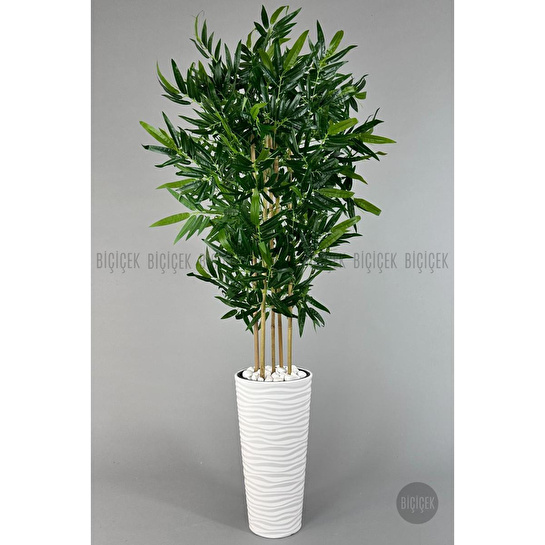 Biçiçek Yapay Bambu Ağacı 185cm Büyük Yapraklı 5 Bambulu Beyaz Renk Kumsal Saksıda Yapay Ağaç