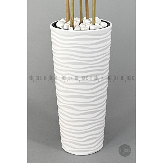 Biçiçek Yapay Bambu Ağacı 185cm Büyük Yapraklı 5 Bambulu Beyaz Renk Kumsal Saksıda Yapay Ağaç