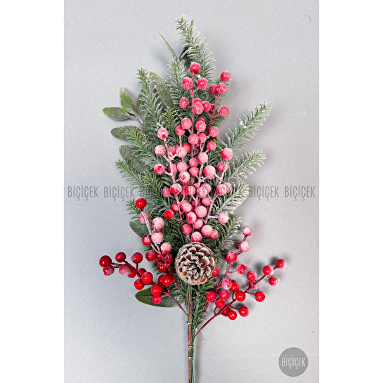 Biçiçek Karli Koki̇na 80 Cm 120 Meyveli̇ Ve Kozalakli Yilbaşi Bi̇tki̇si̇ Tek Dal