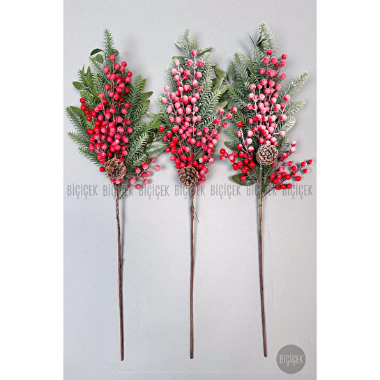 Biçiçek Karli Koki̇na 80 Cm 120 Meyveli̇ Ve Kozalakli Yilbaşi Bi̇tki̇si̇ Tek Dal