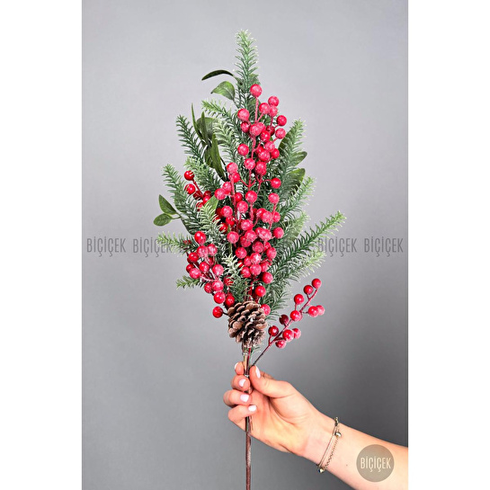 Biçiçek Karli Koki̇na 80 Cm 120 Meyveli̇ Ve Kozalakli Yilbaşi Bi̇tki̇si̇ Tek Dal