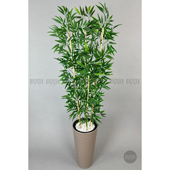 Biçiçek Yapay Bambu Ağacı 180cm Yoğun Yapraklı Bej Renk Kumsal Saksıda