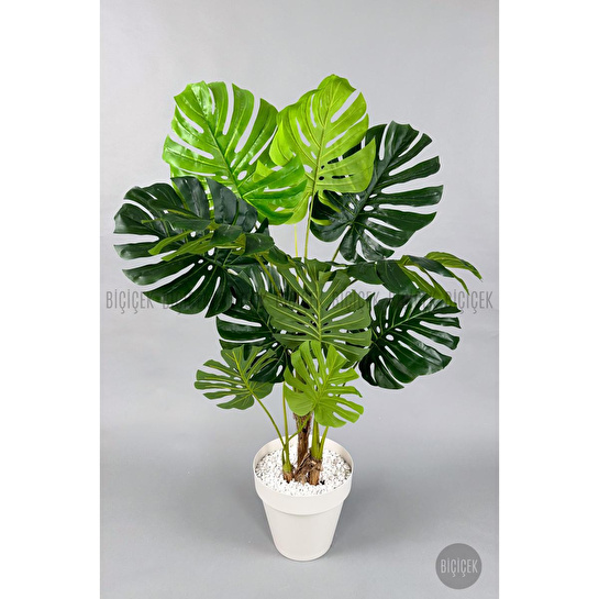 Biçiçek Yapay Ağaç Monstera Bambu Gövdeli 150cm Devetabanı Ağacı Büyük Boy Kırıkbeyaz Renk Yalı Saksıda