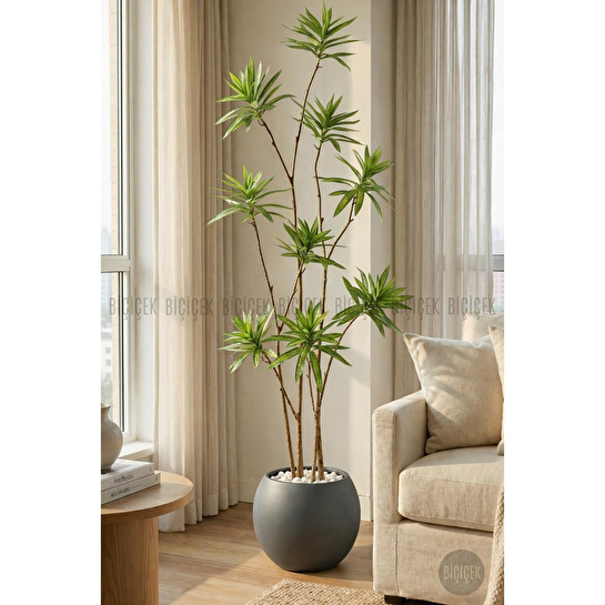 Biçiçek 160 Cm Dragon Bitkisi Yapay Dracaena Küre Saksıda Gri