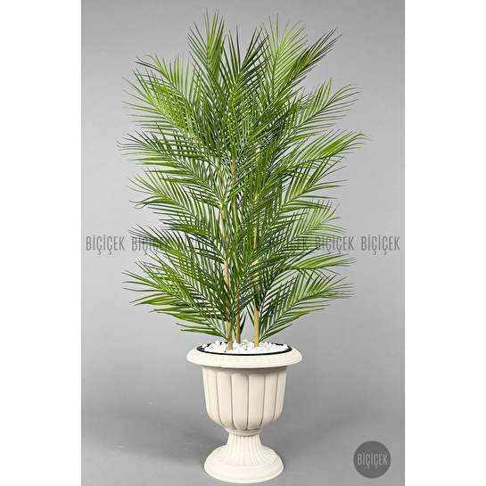 Biçiçek Yapay Areka Ağacı Palmiye Ağacı 33 Yapraklı Bambu Gövdeli Kırıkbeyaz Nergis Saksı Salon Çiçeği 130cm