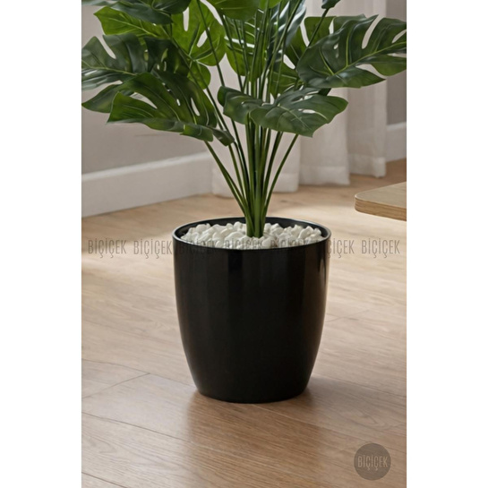 Biçiçek Yapay Çiçek Salon Bitkisi Monstera Deve Tabanı Antrasit Renk Yalı Saksıda