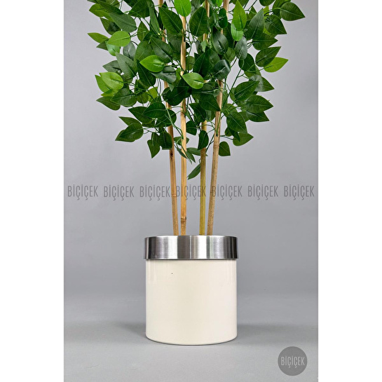 Biçiçek Yapay Benjamin Ağacı 140cm Krem Gümüş Metal Saksıda