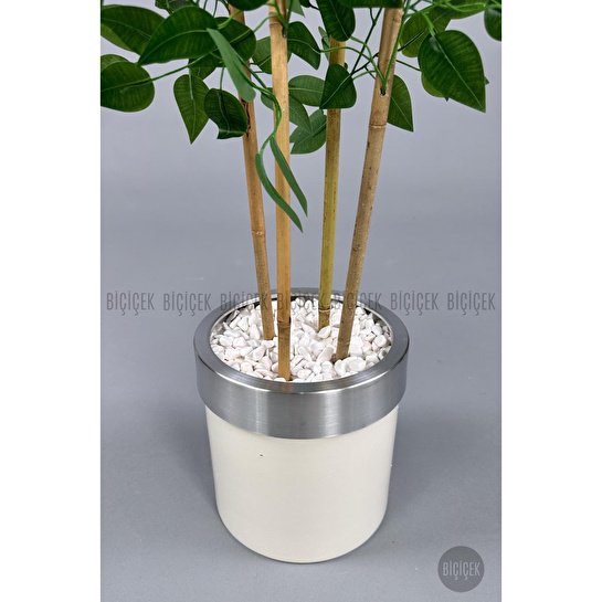 Biçiçek Yapay Benjamin Ağacı 140cm Krem Gümüş Metal Saksıda