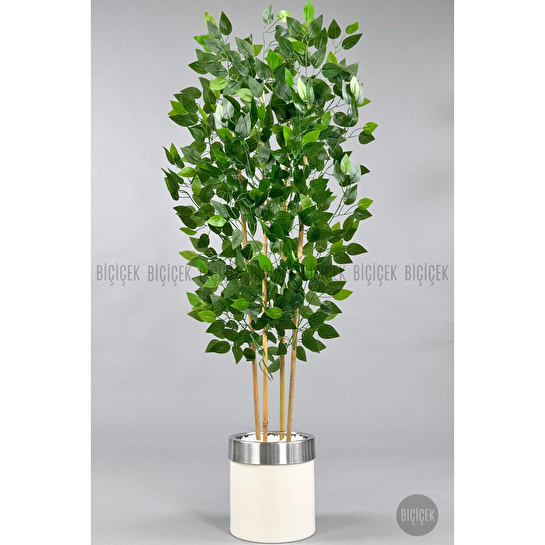 Biçiçek Yapay Benjamin Ağacı 140cm Krem Gümüş Metal Saksıda