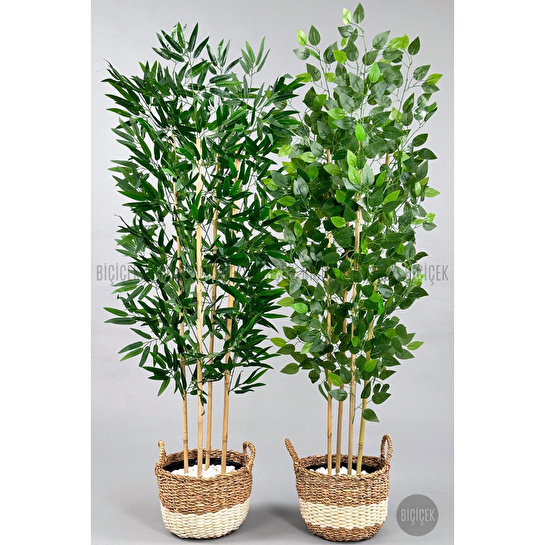 Biçiçek 140 Cm Yapay Bambu&benjamin Ağacı Ikiliset Hasır Saksıda