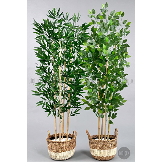 Biçiçek 140 Cm Yapay Bambu&benjamin Ağacı Ikiliset Hasır Saksıda