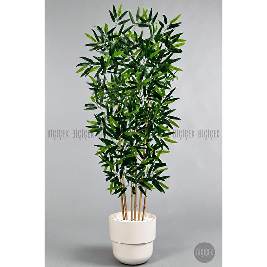 Biçiçek Yapay Bambu Ağacı 6 Dallı 150 Cm Yoğun Yapraklı Beyaz