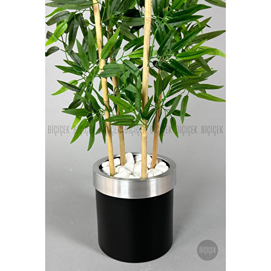 Biçiçek Yapay Bambu Ağacı 140cm Siyah Gümüş Metal Saksıda