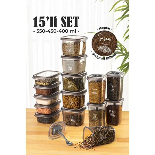 Vienev 15li Baharat Saklama Kabı Seti Avantajlı Paket 5x 0,40, 0,45, 0,55 Litre Etiketli Kaşıklı Süper Set Şeffaf