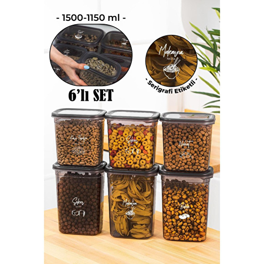 Vienev Beyaz Serigrafi Etiketli 6lı Peggy Dikdörtgen Saklama Kabı Seti 3x(1500-1150 Ml) Antrasit