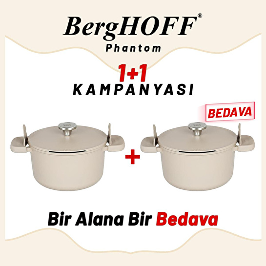 Berghoff 1+1 Hediye Leo Phantom Kapakli Yapişmaz Derin Tencere 24 Cm Latte