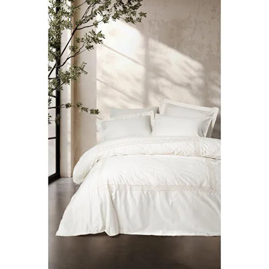 Cotton Box Nakışlı Saten Çift Kişilik Nevresim Takımı Riley Ekru