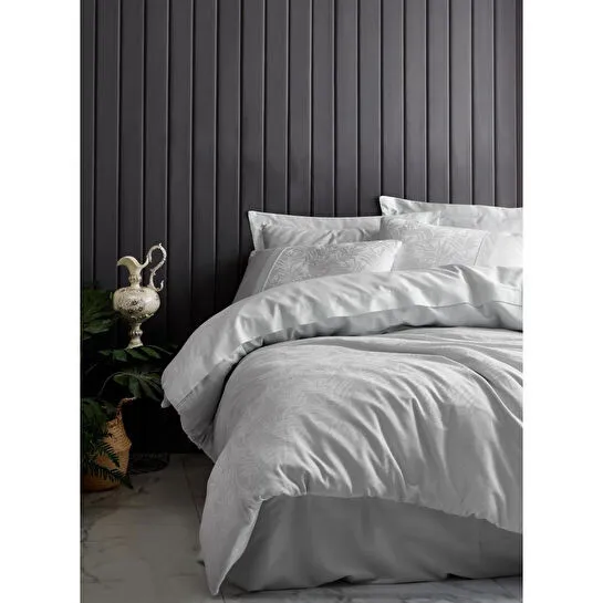 Cotton Box Jakarlı Saten Çift Kişilik Nevresim Takımı Leaf Buz Mavi