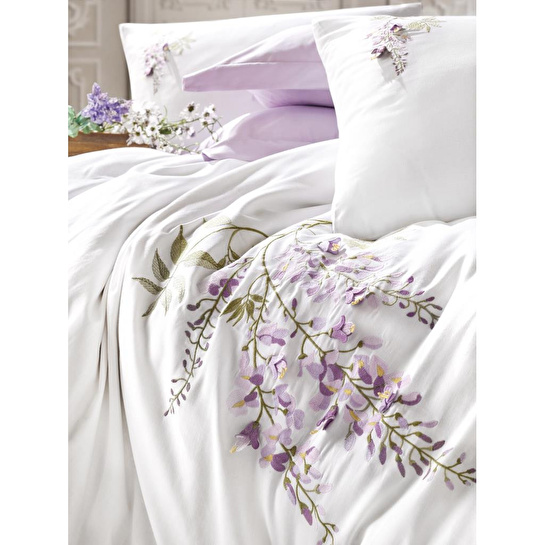 Cotton Box 3d Nakışlı Saten Çift Kişilik Nevresim Takımı Mita Lila