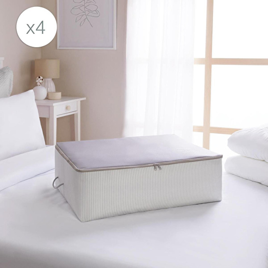 Ocean Home Textile 4'lü Büyük Boy Gri Çizgili Stuff & Things Baza Altı Hurç Set 62 X 46 X 22 Cm