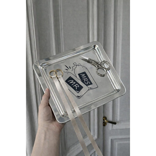 Beige & Stone Mr. & Mrs. Desenli Kare Paslanmaz Çelik Kahve Çay Söz Nişan Sunum Ve Dekoratif Tepsi