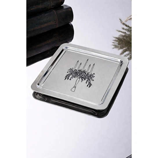 Beige & Stone Şamdan Desenli Kare Paslanmaz Çelik Kahve Çay Sunum Ve Dekoratif Tepsi