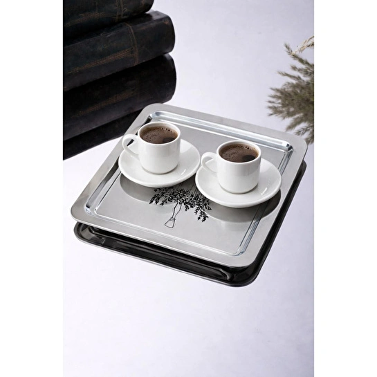 Beige & Stone Şamdan Desenli Kare Paslanmaz Çelik Kahve Çay Sunum Ve Dekoratif Tepsi