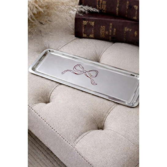 Beige & Stone Fiyonk Desenli Dikdörtgen Paslanmaz Çelik Kahve Çay Söz Nişan Sunum Ve Dekoratif Tepsi