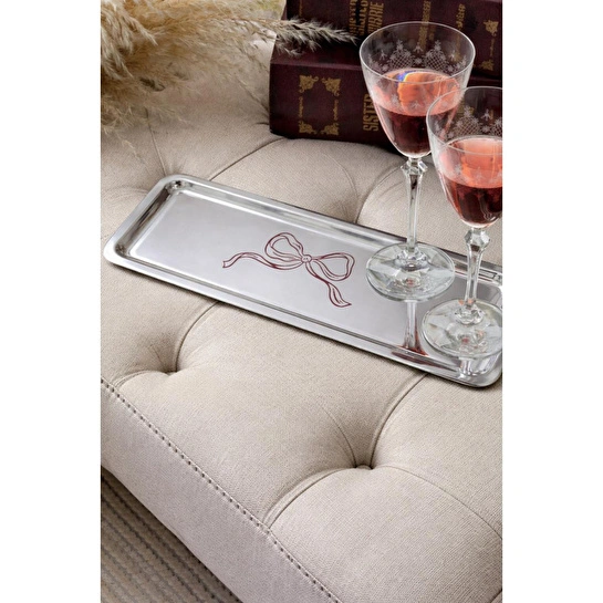 Beige & Stone Fiyonk Desenli Dikdörtgen Paslanmaz Çelik Kahve Çay Söz Nişan Sunum Ve Dekoratif Tepsi