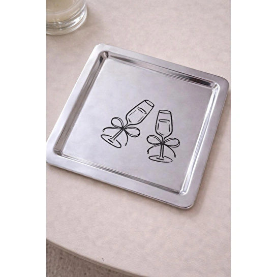 Beige & Stone Kadeh Desenli Kare Paslanmaz Çelik Çelik Çay Söz Nişan Sunum Ve Dekoratif Tepsi