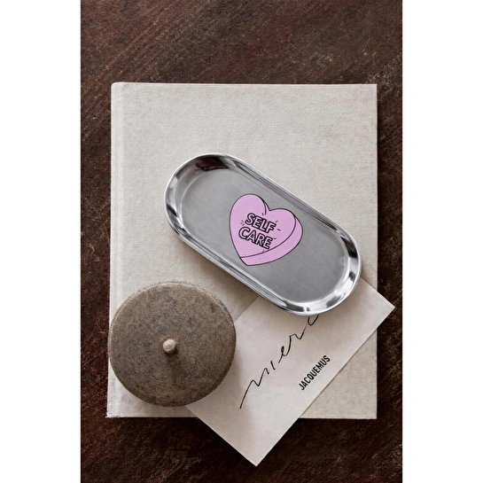 Beige & Stone Self Care Desenli Gümüş Paslanmaz Çelik Tepsi Takılık, Sunum, Düzenleyici Sevgililer Günü Hediyesi