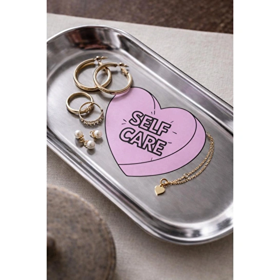 Beige & Stone Self Care Desenli Gümüş Paslanmaz Çelik Tepsi Takılık, Sunum, Düzenleyici Sevgililer Günü Hediyesi