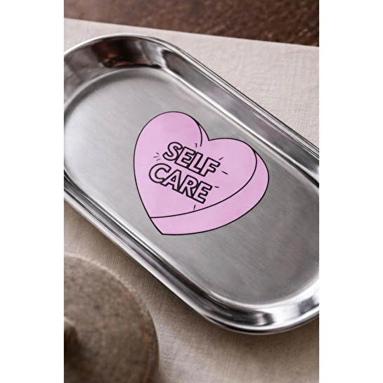 Beige & Stone Self Care Desenli Gümüş Paslanmaz Çelik Tepsi Takılık, Sunum, Düzenleyici Sevgililer Günü Hediyesi